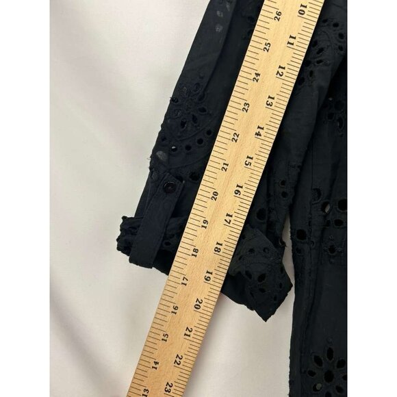 Adiva Women's Large Roll Sleeve Tab Black Eyelet Tunic Button Front Top Cover Up - Picture 5 of 16